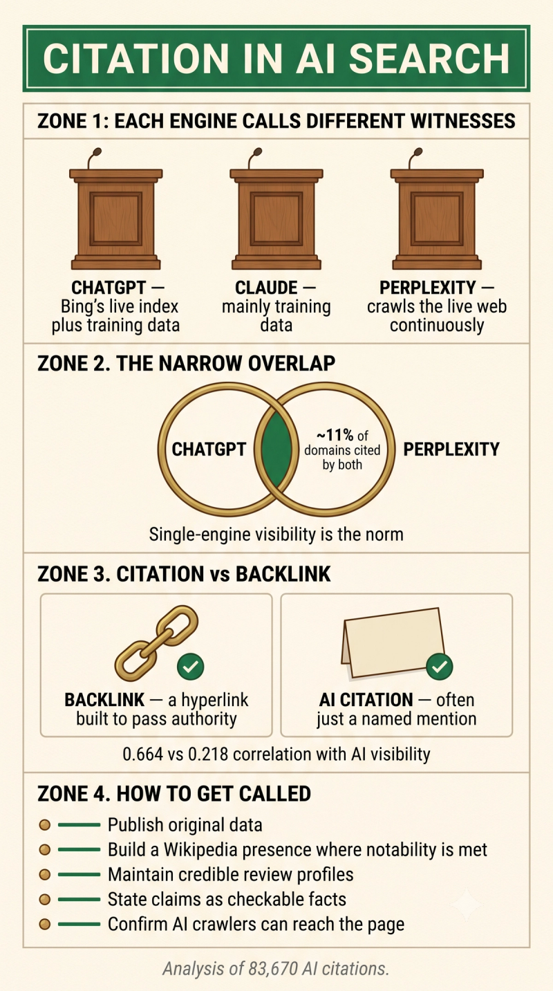 Infographic on AI citations showing how each engine sources answers, the narrow cross-engine overlap, and how citations differ from backlinks