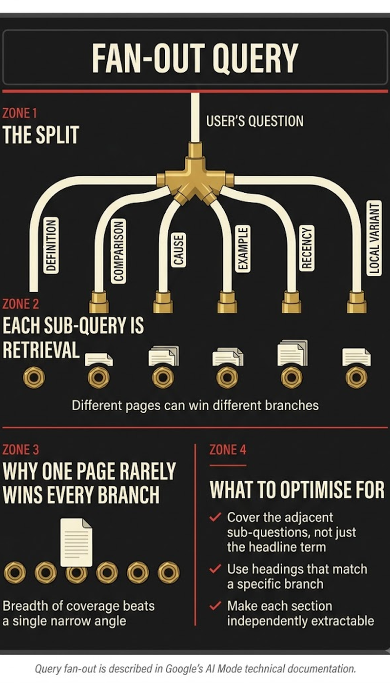Infographic showing how one query fans out into several parallel sub-searches