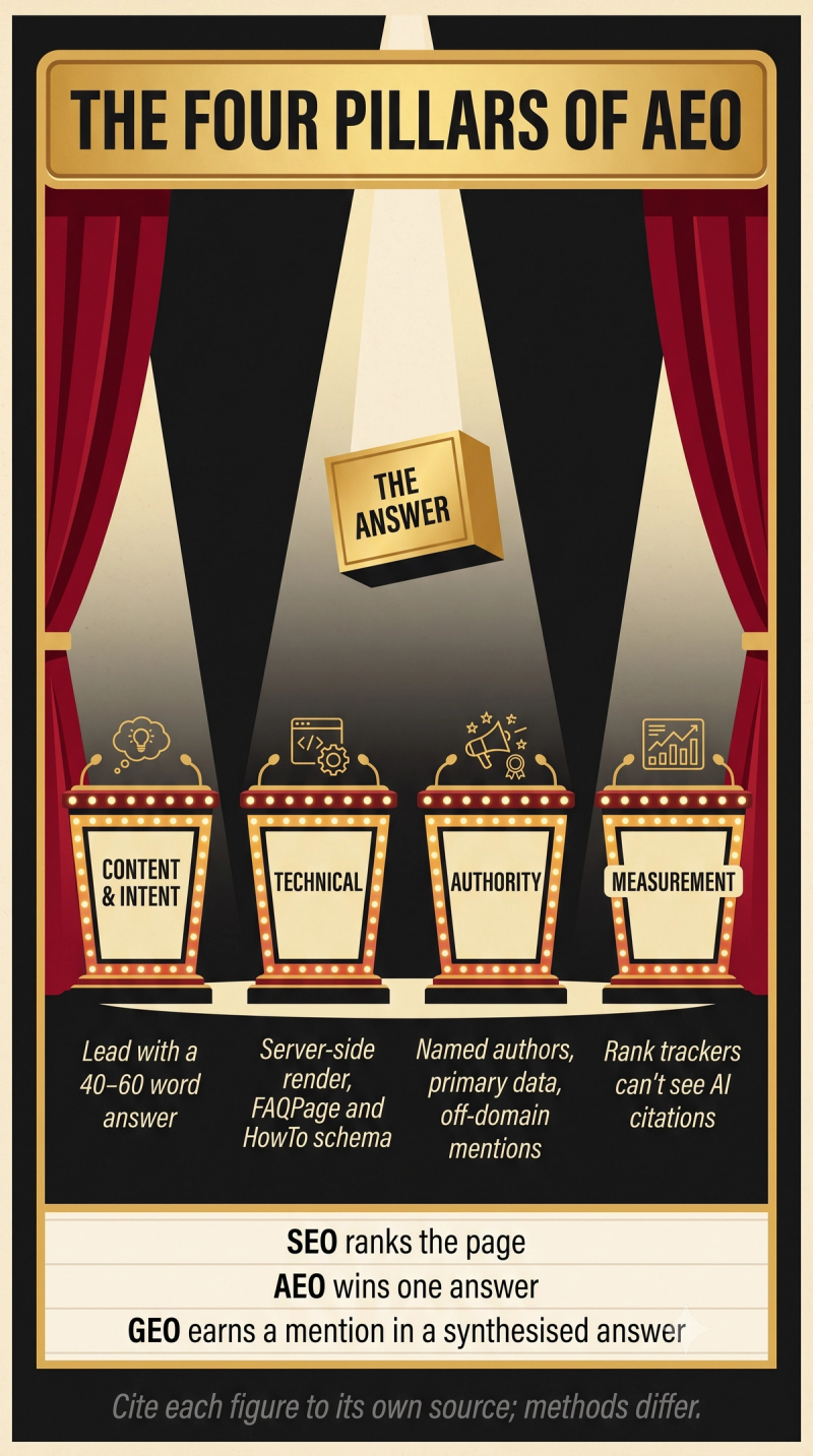 Infographic showing the four pillars of answer engine optimization and how AEO differs from SEO and GEO