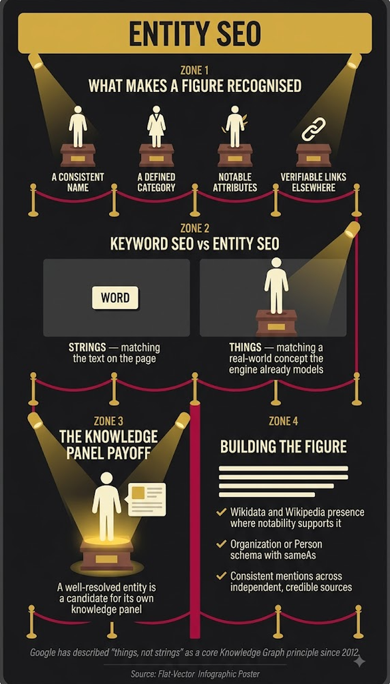 Infographic on how to build entity SEO through schema markup and sameAs profile links