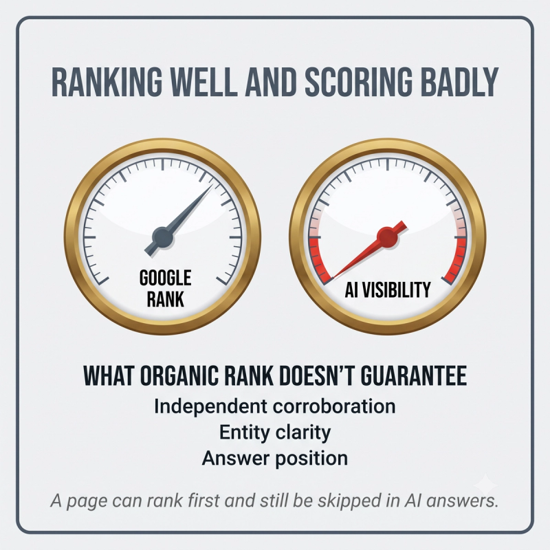 Card showing a site can rank first on Google while scoring low on AI visibility