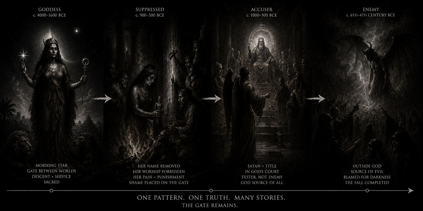 Four dark art panels show a goddess's transformation into an enemy: a crowned goddess with moon and star, a humiliated woman by fire, an angel before an enthroned god, a winged demon in a storm.