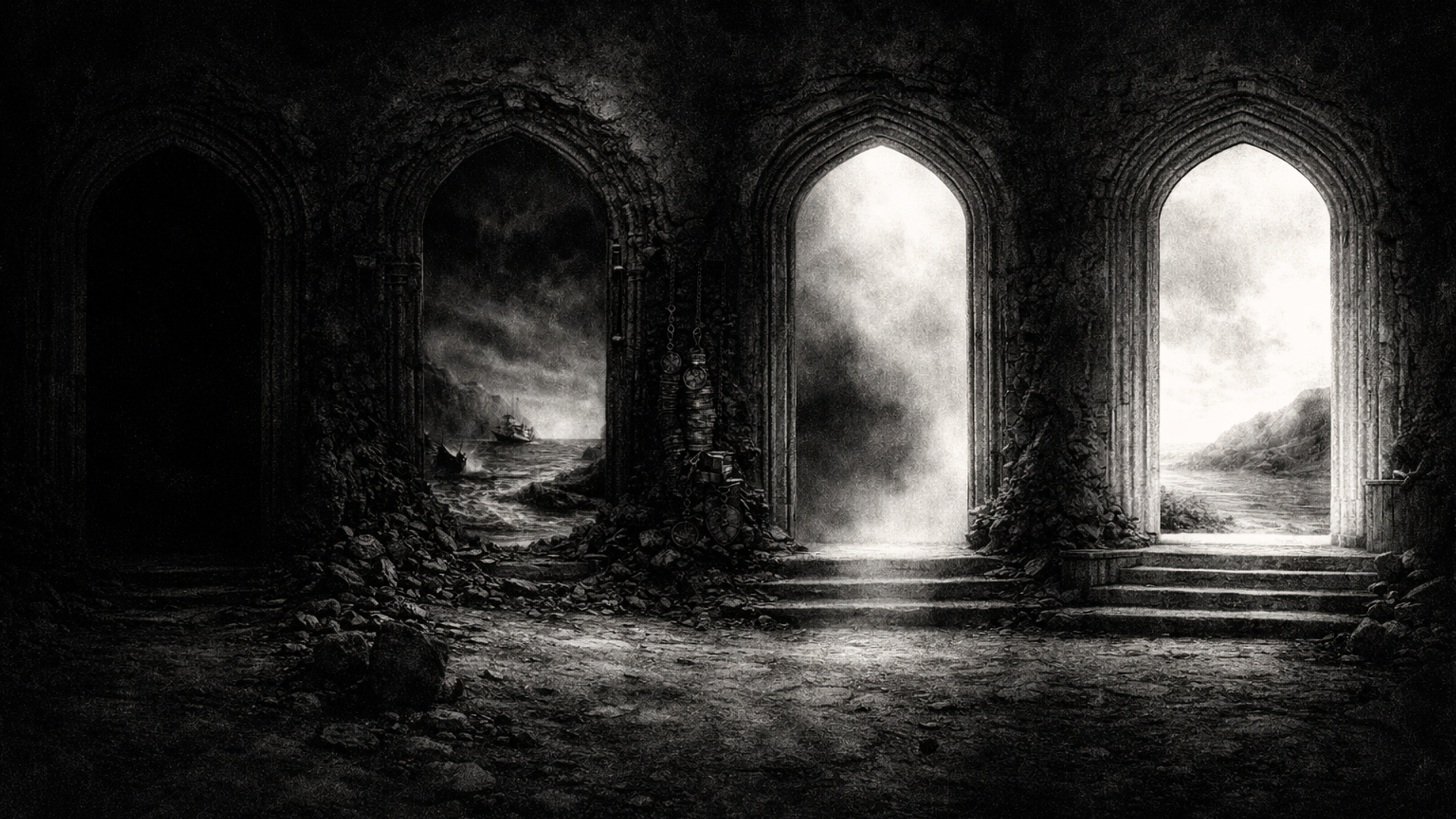 Charcoal illustration for the chapter “The Choice of Gate”