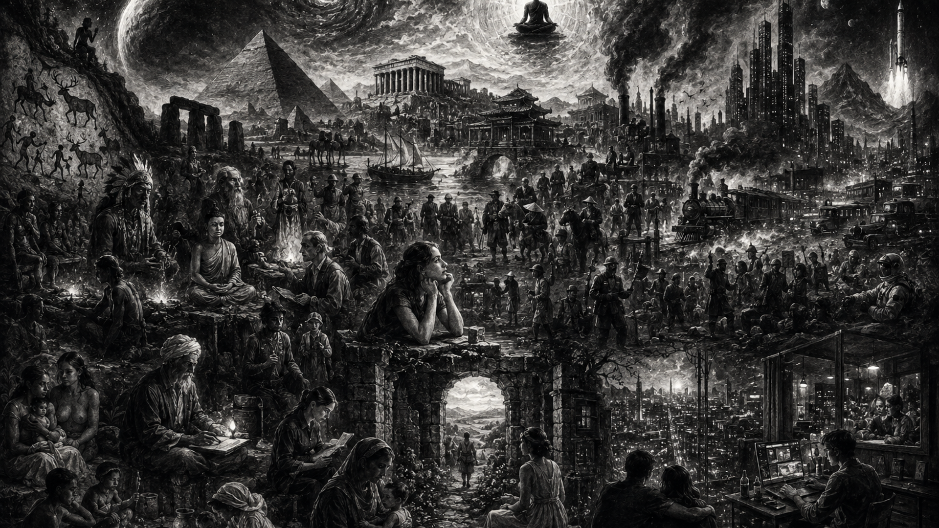 Panoramic black-and-white mural of human history, from cave paintings and ancient temples to modern cities and rockets, with a meditating figure glowing above.