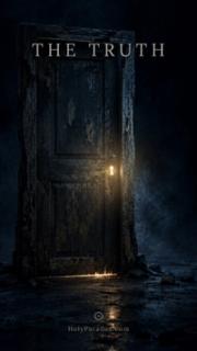 Weathered dark door glowing at its edges and keyhole in a dim, misty room, with the title text 'The Truth' above it