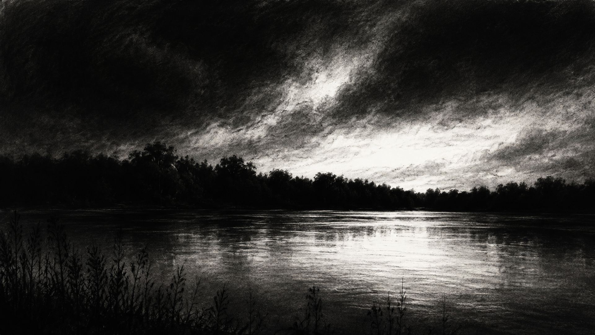 Charcoal drawing of a dark riverbank with silhouetted trees, calm water reflecting light breaking through a heavy, swirling cloud cover.