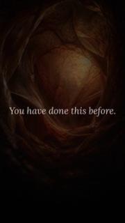 Dark tunnel-like abstract formation with vein-like textures surrounding a glowing golden center, with text reading 'You have done this before.'