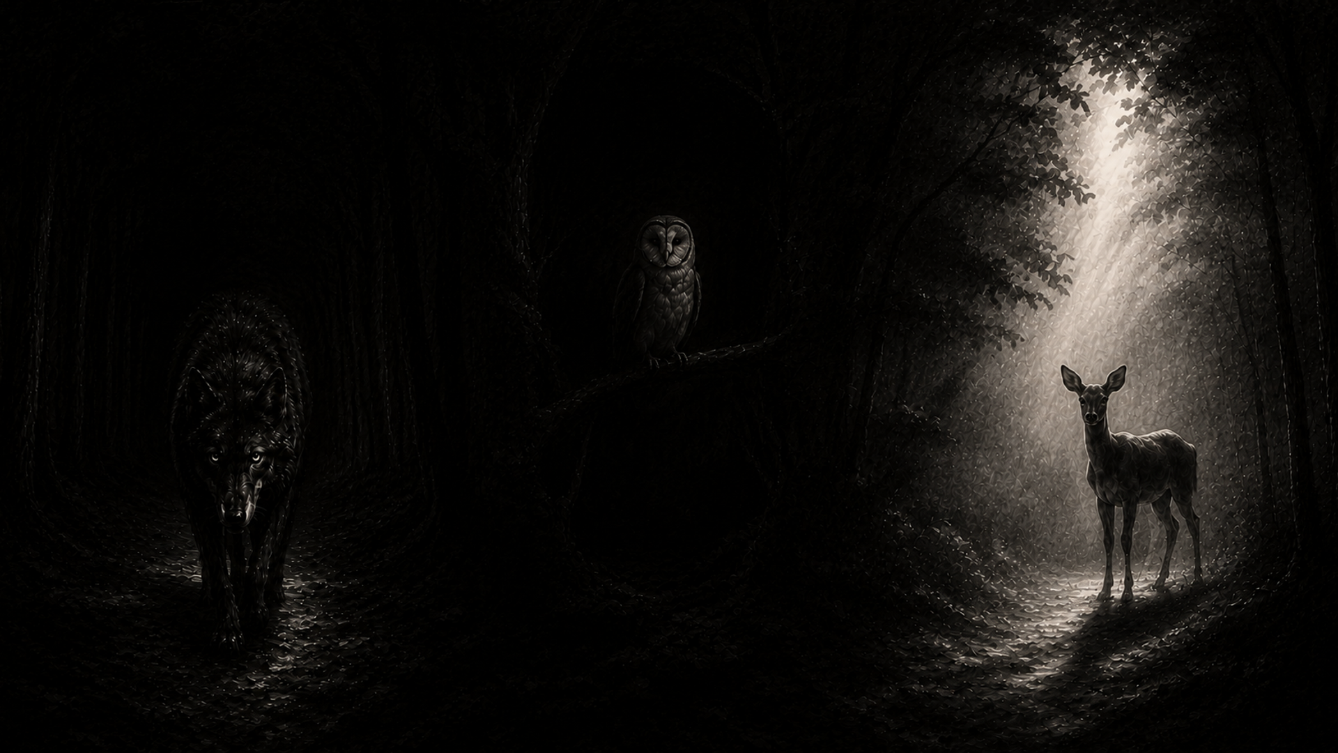 A forest scene divided by light and darkness.