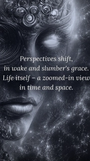 Monochrome cosmic portrait of a textured, ornamented face blending into a starry nebula, with overlaid poem about shifting perspectives in time and space.