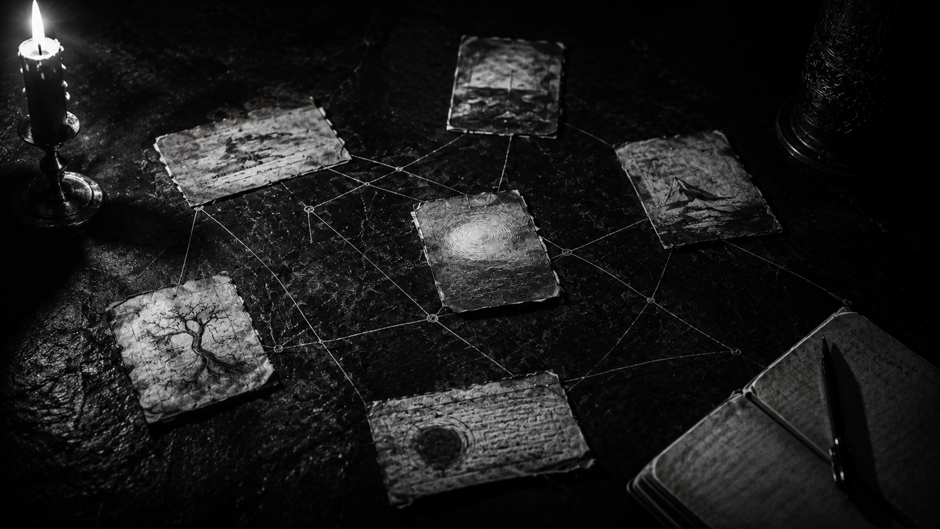 Six weathered pages arranged in a web pattern connected by thin lines on a dark table, lit by a single candle beside a notebook and pen.