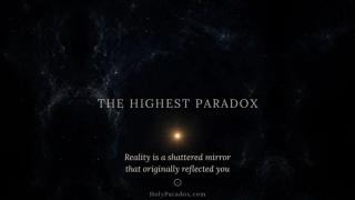 Starry night sky with a bright glowing star at center, text reads 'The Highest Paradox: Reality is a shattered mirror that originally reflected you'