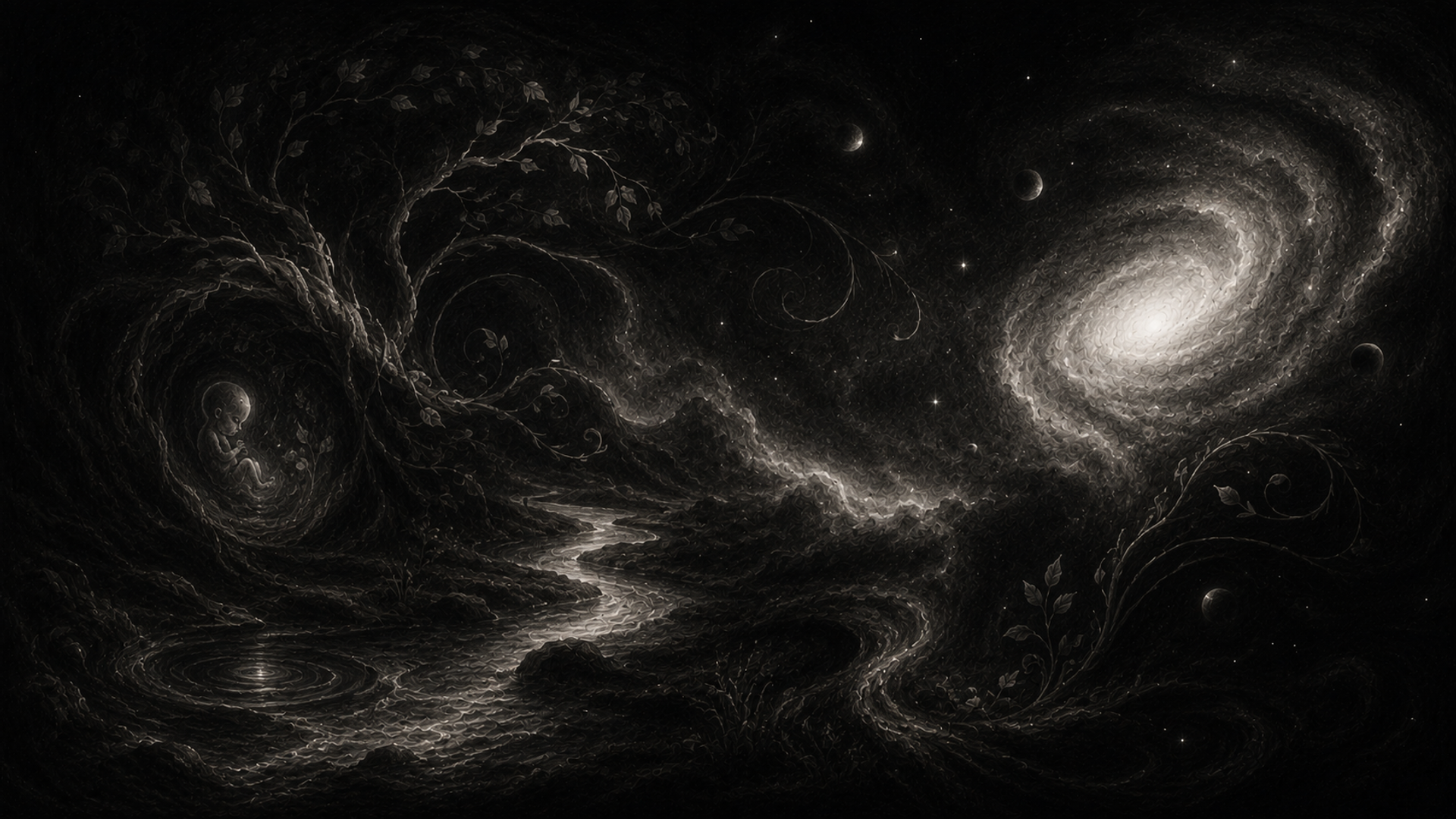 Black-and-white artwork of a fetus in a tree-shaped cave on the left, connected by a winding river to a spiral galaxy on the right.