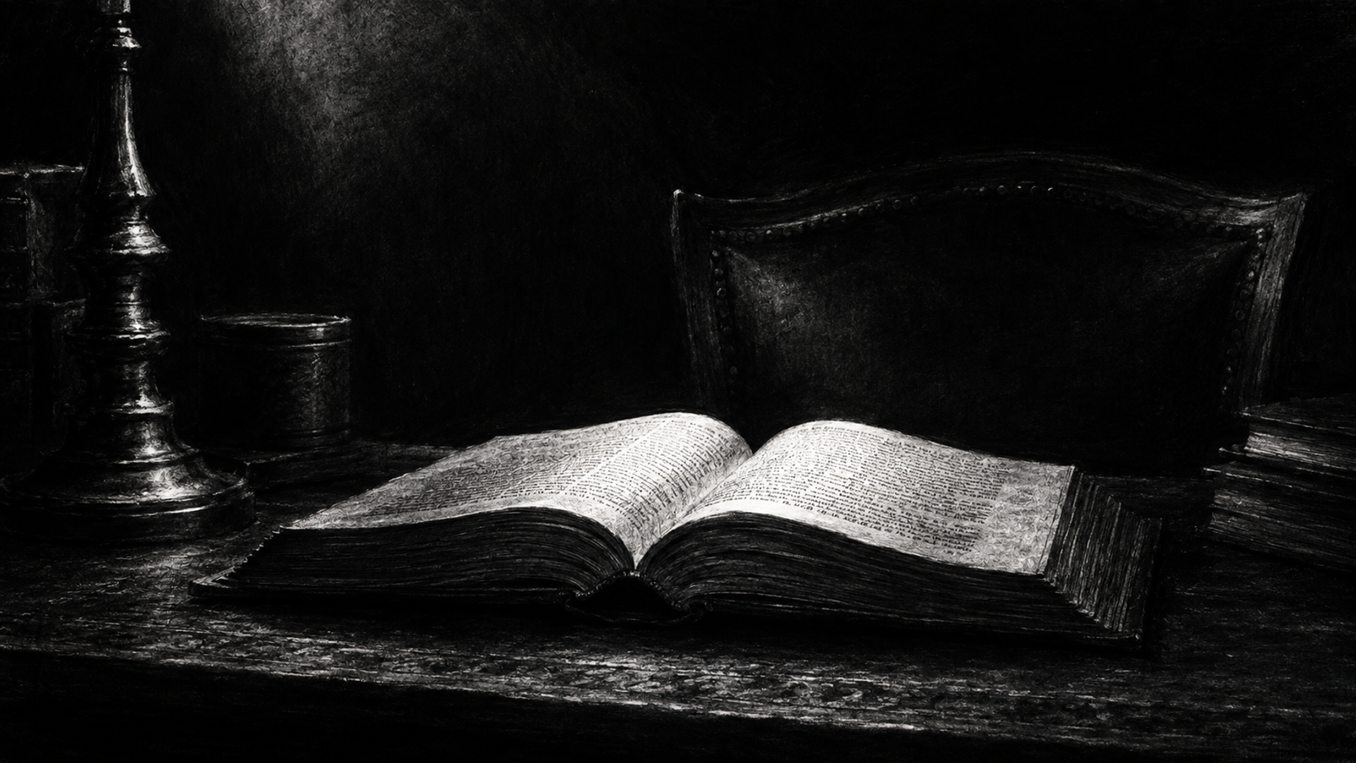 Monochrome drawing of an open antique book on a wooden desk, lit by candlelight beside a leather chair in a dark room.