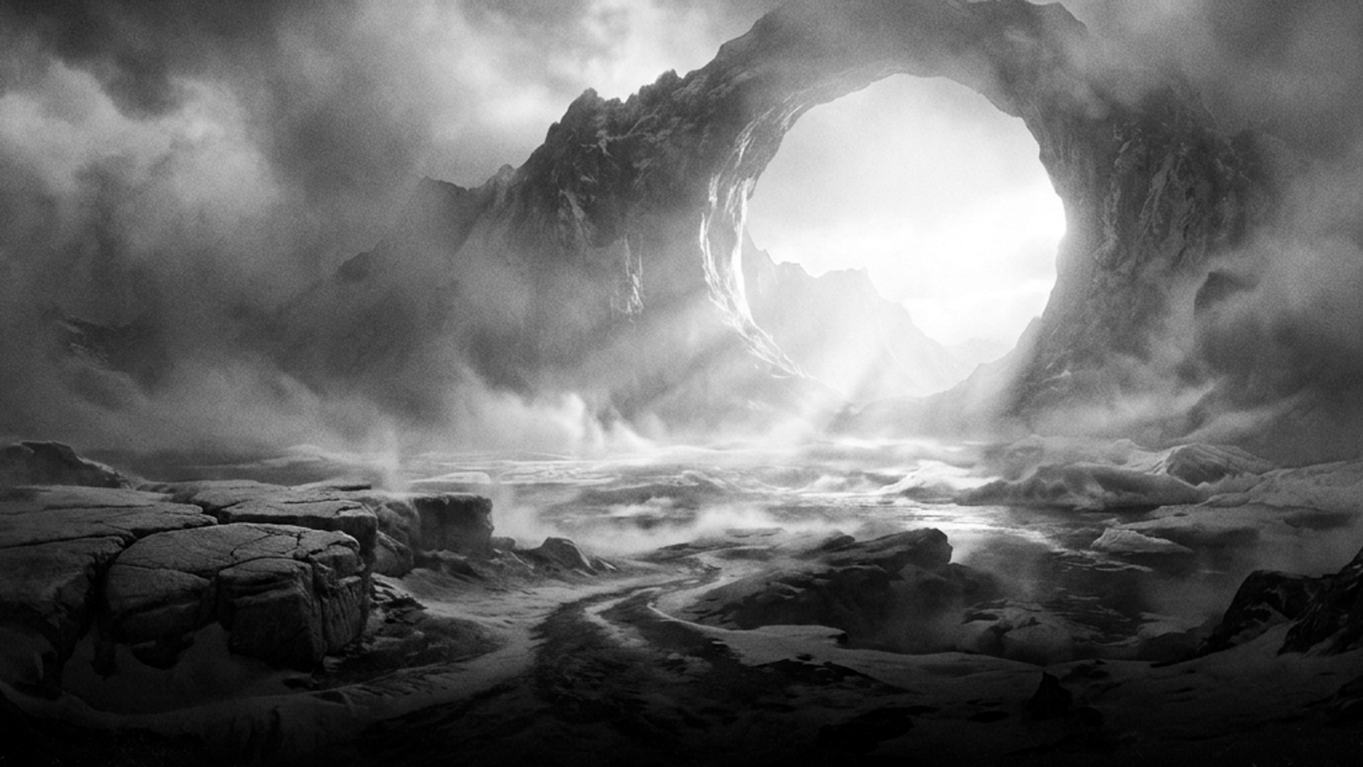 Black-and-white landscape with a circular rock archway radiating bright light, surrounded by mist and jagged mountain peaks.