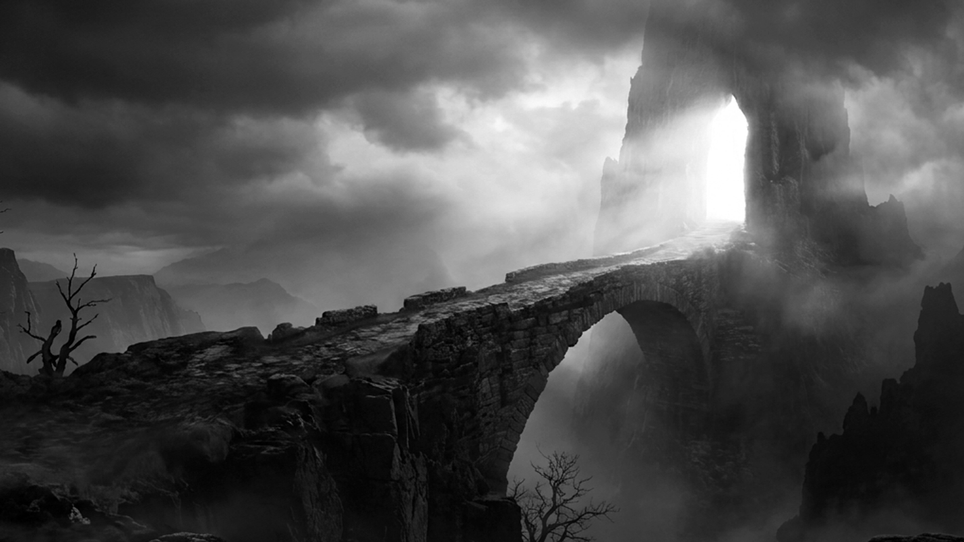 Black-and-white scene of a stone bridge arching toward a bright light breaking through a rocky opening under stormy clouds.