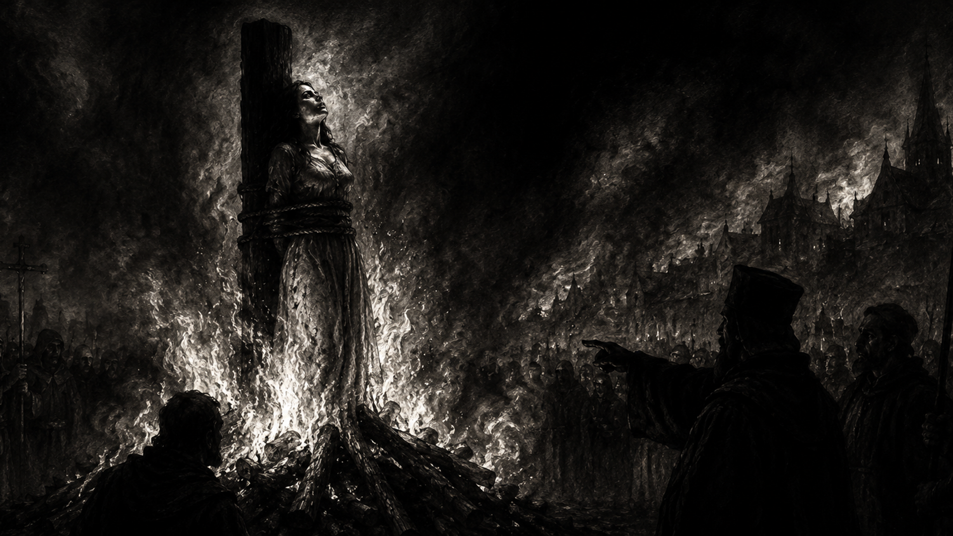 A woman bound to a stake burns at the pyre, surrounded by smoke and a dark crowd in a medieval town.
