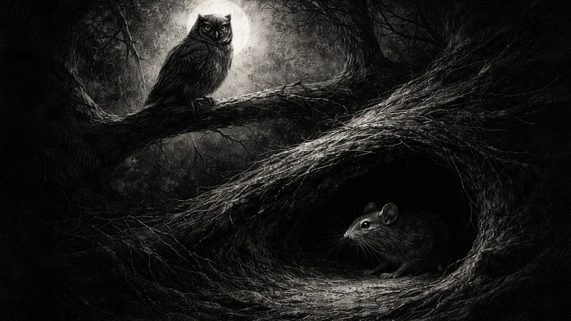 Charcoal illustration for the interlude “The Observer and the Tale We Tell”