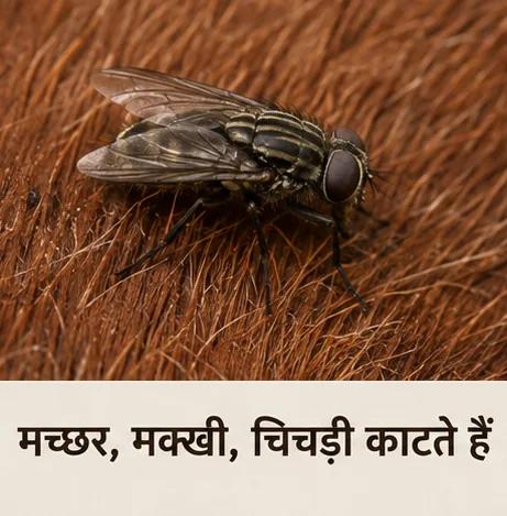 पशु की खाल पर बैठी मक्खी, पास से