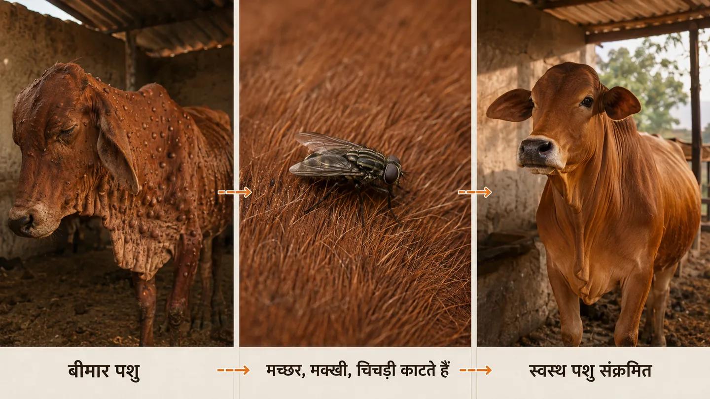 बीमार पशु से मच्छर, मक्खी और चिचड़ी के काटने पर बीमारी स्वस्थ दिखते पशु तक पहुँचती है