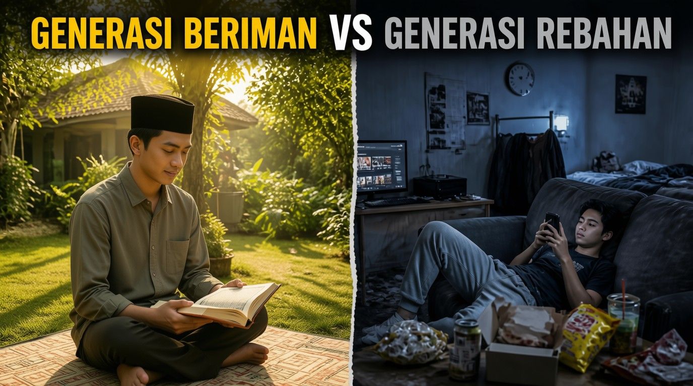 Seorang pemuda muslim sedang merenung dengan tenang di depan laptop dengan suasana hangat
