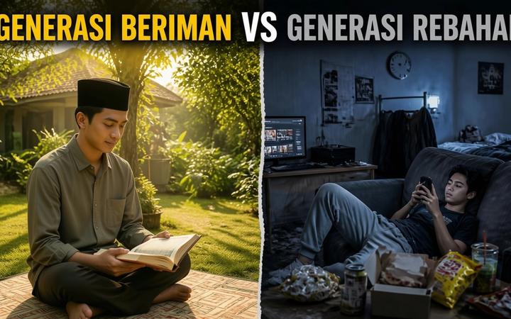 Seorang pemuda muslim sedang merenung dengan tenang di depan laptop dengan suasana hangat
