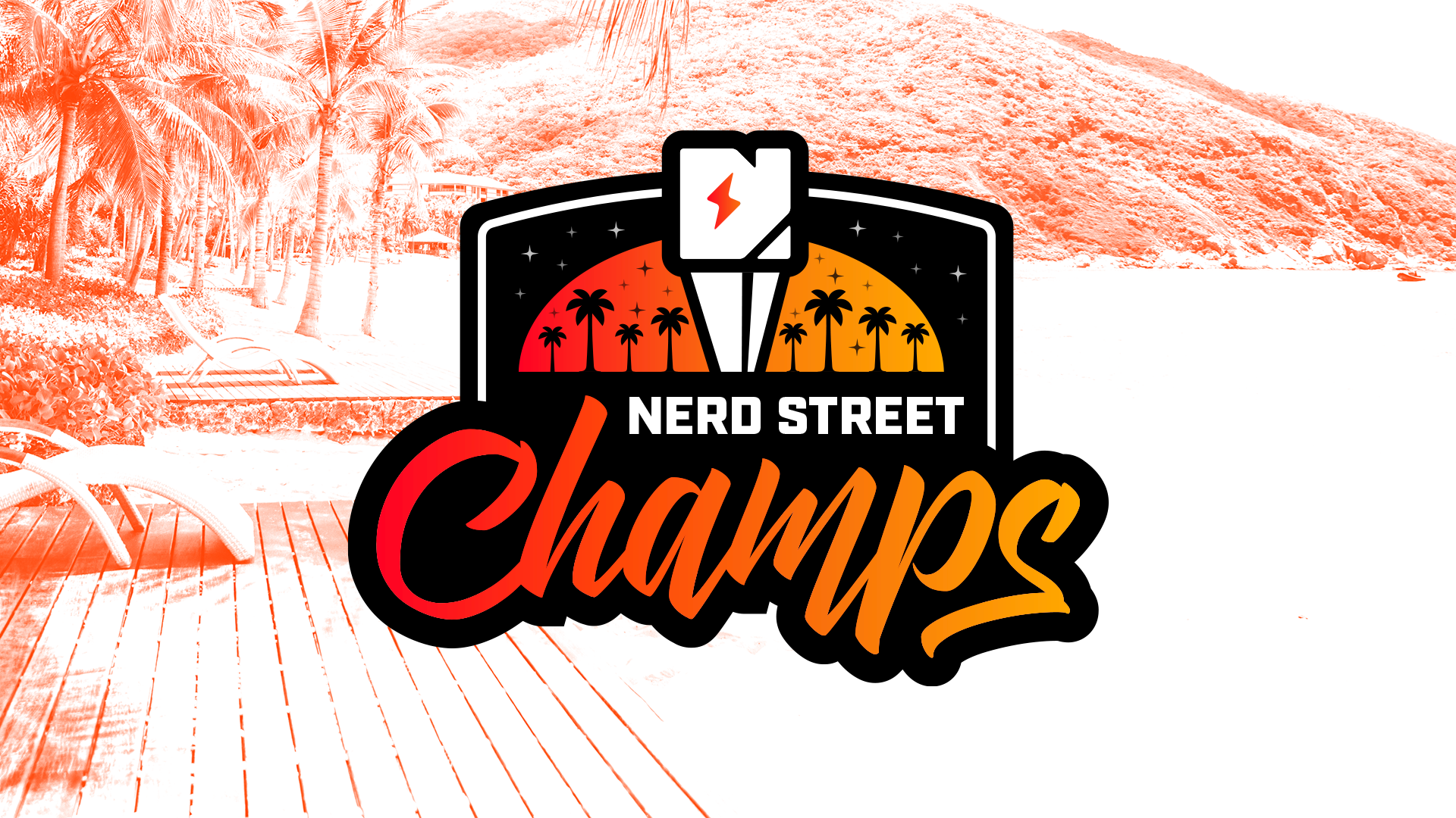 The Nerd Street Champs logo in the middle in orange against a faded orange beach background