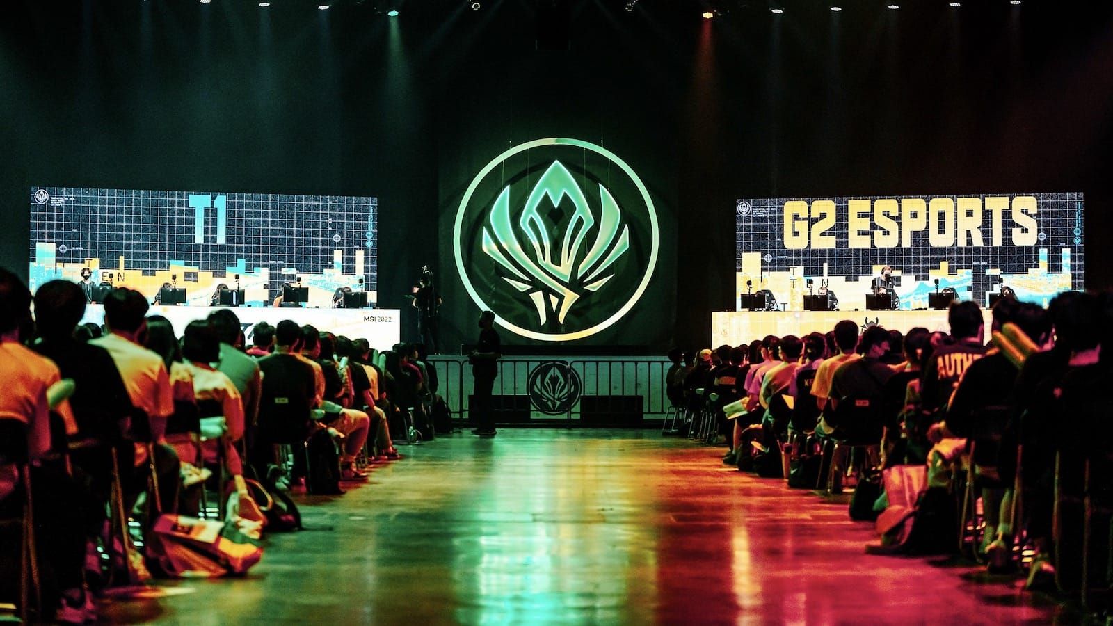 View of the stage from the crowd as T1 (left) face G2 (right) in League of Legends MSI tournament