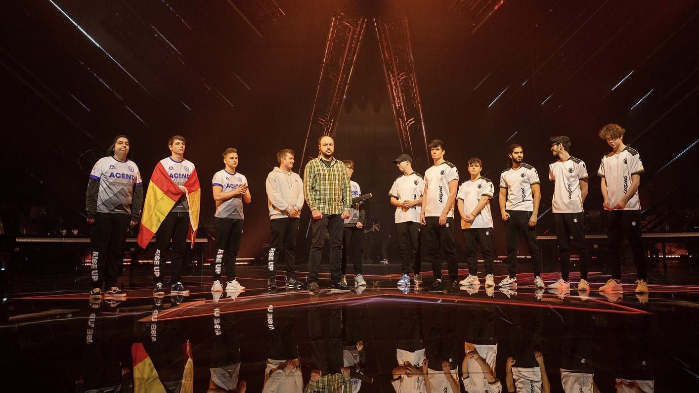Team Liquid and Acend Valorant teams stand side by side on stage at Champions tournament