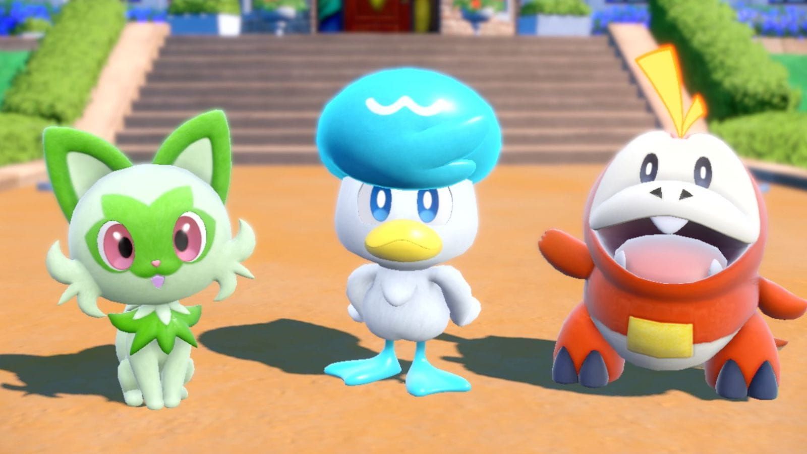 The three new starter Pokemon in Scarlet and Violet - Spirigatito (left), Quaxly (center), Fuecoco (right)