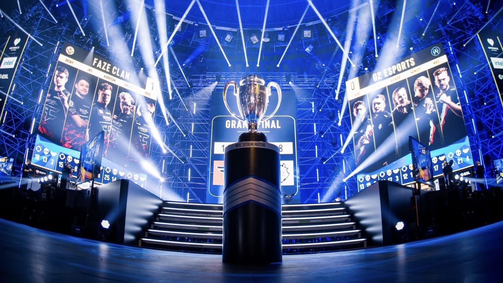 View of the stage at IEM Katowice CS:GO tournament with the trophy front and center