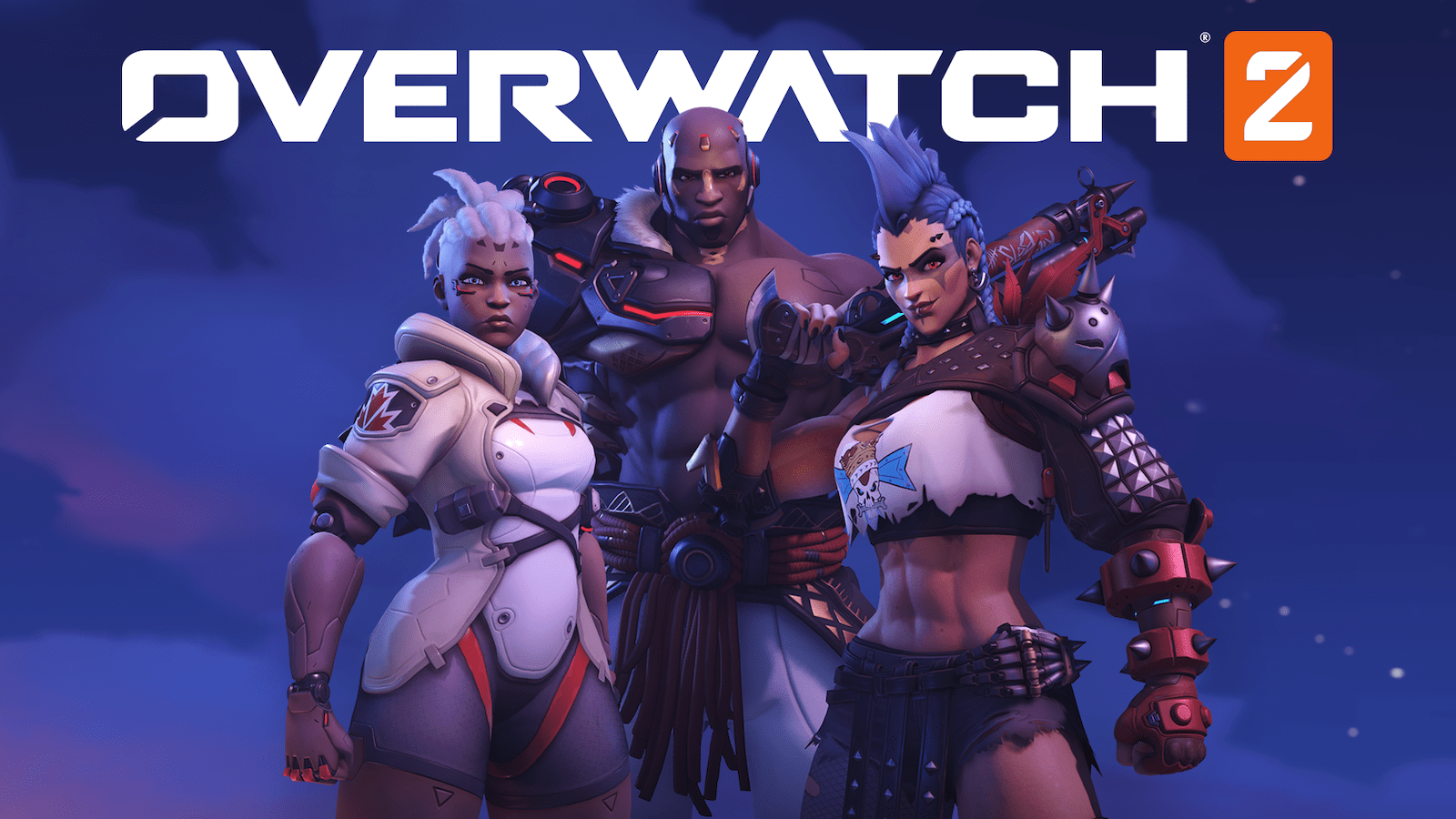 Image of two new Overwatch heroes (Sojourn and Junker Queen) on either side of Doomfist and "Overwatch 2" written at the top