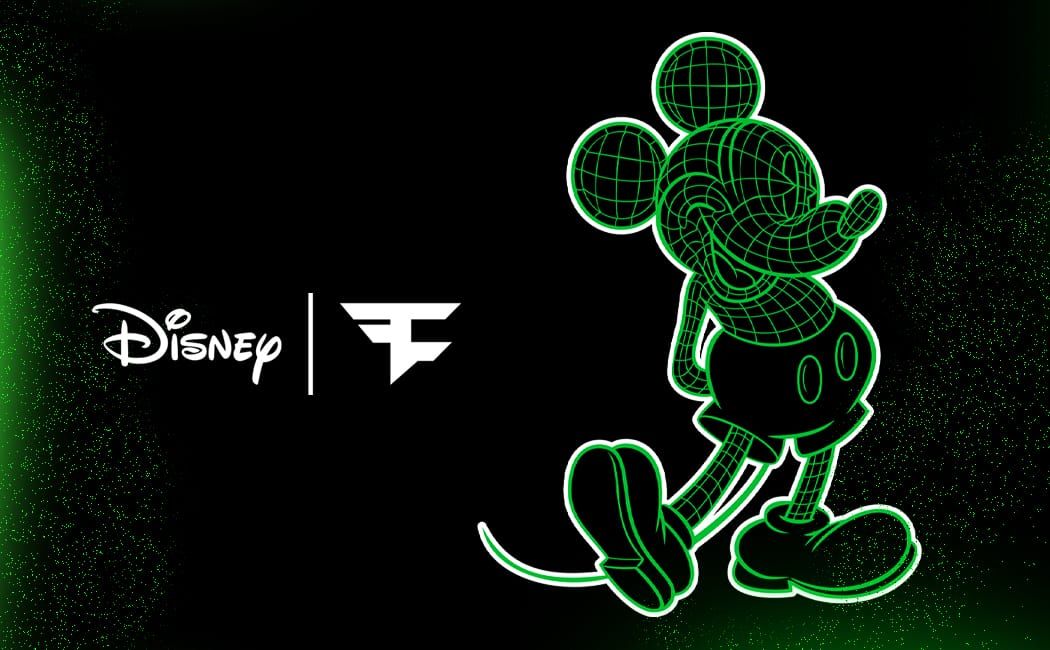 Disney and FaZe Clan logos on left next to Micket Mouse who has a green grid pattern all over him, all against black background