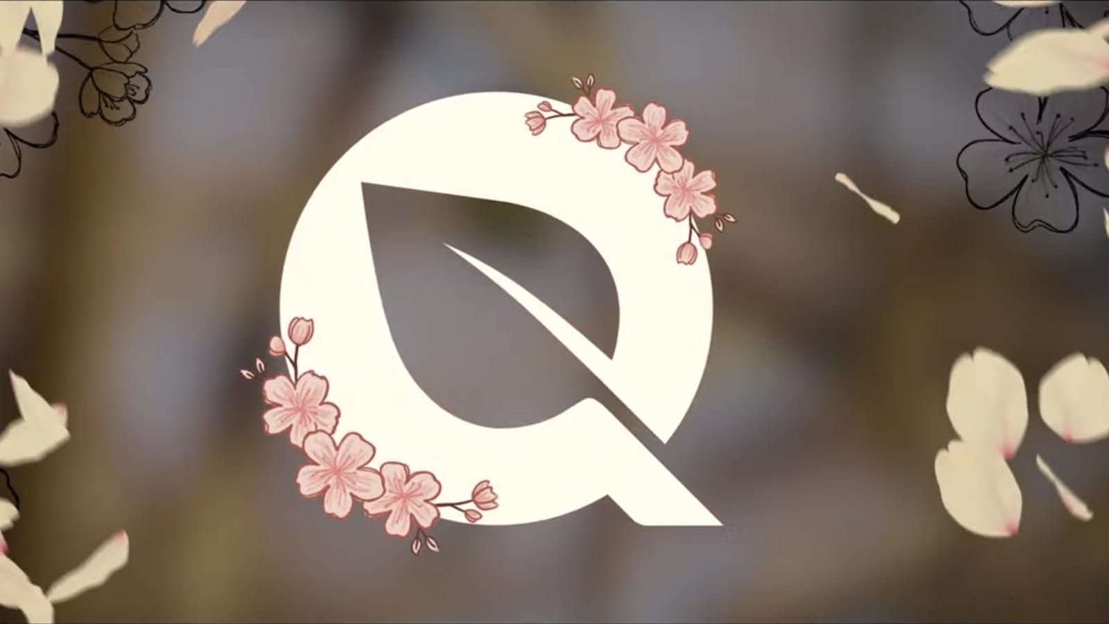FlyQuest 2022 spring logo design with a big letter "Q" surrounding a leaf and cherry blossoms arounf the Q