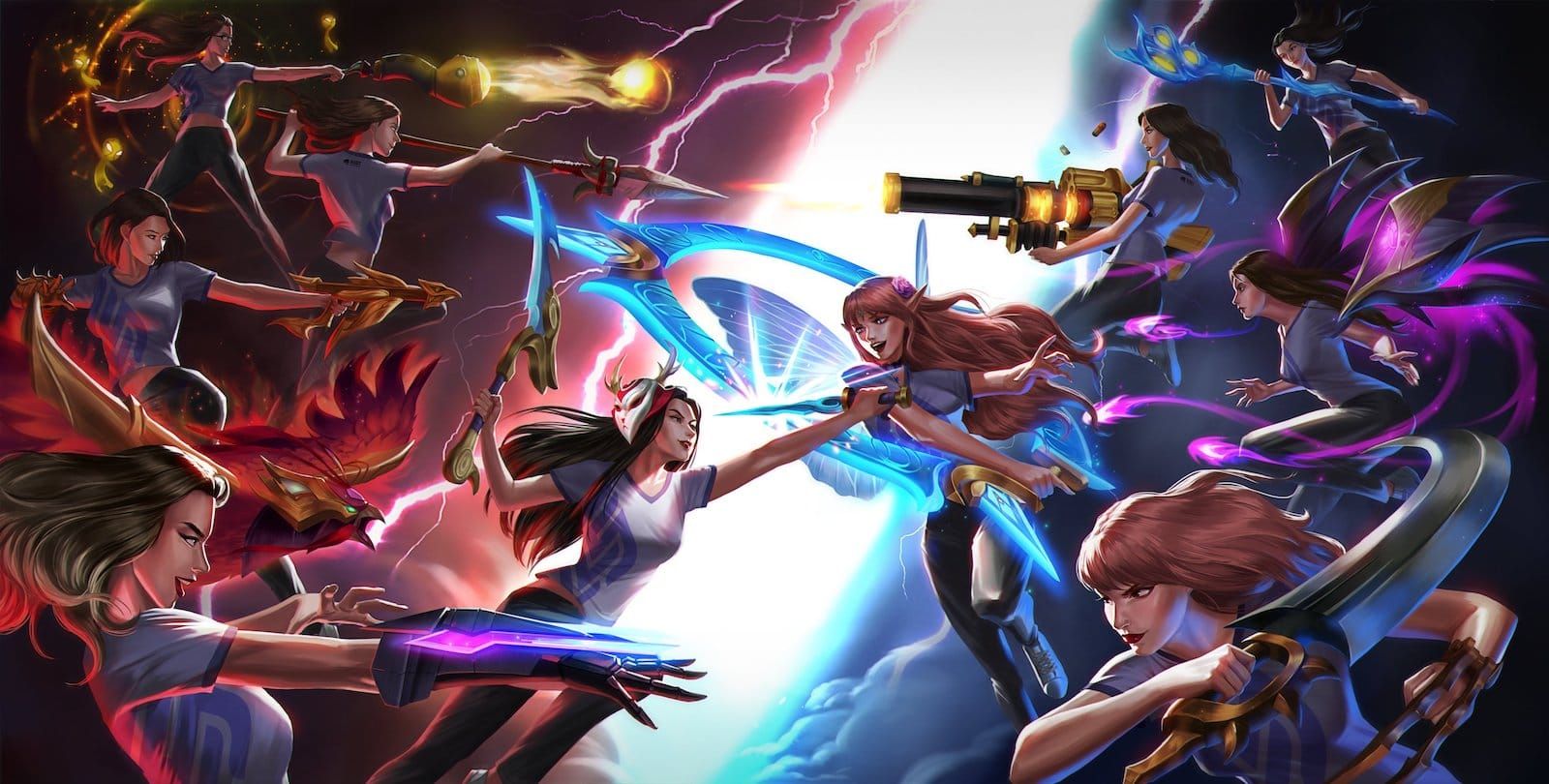stylized image of female champions from league of legends champions fighting each other with one group on the left and one of the right