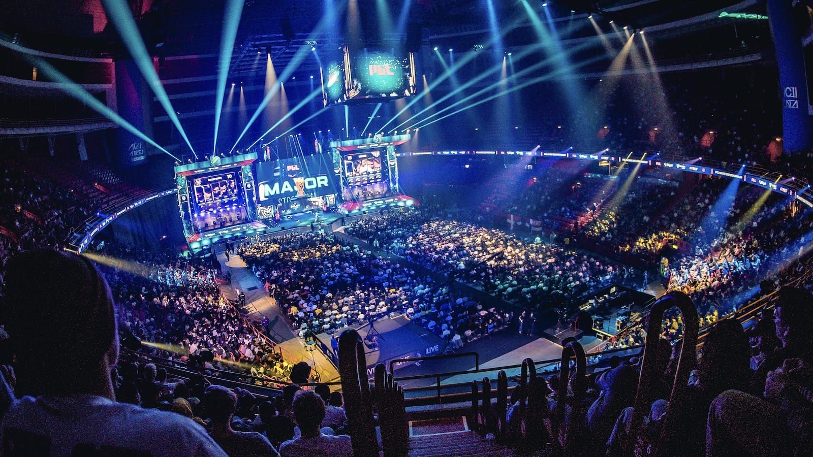 Overhead view of stage at PGL Major from the top rows of the arena