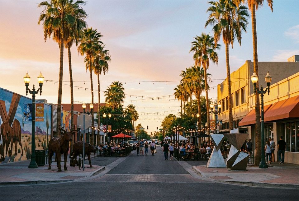 Downtown Mesa Arizona main street with art installations restaurants and palm trees in warm evening light