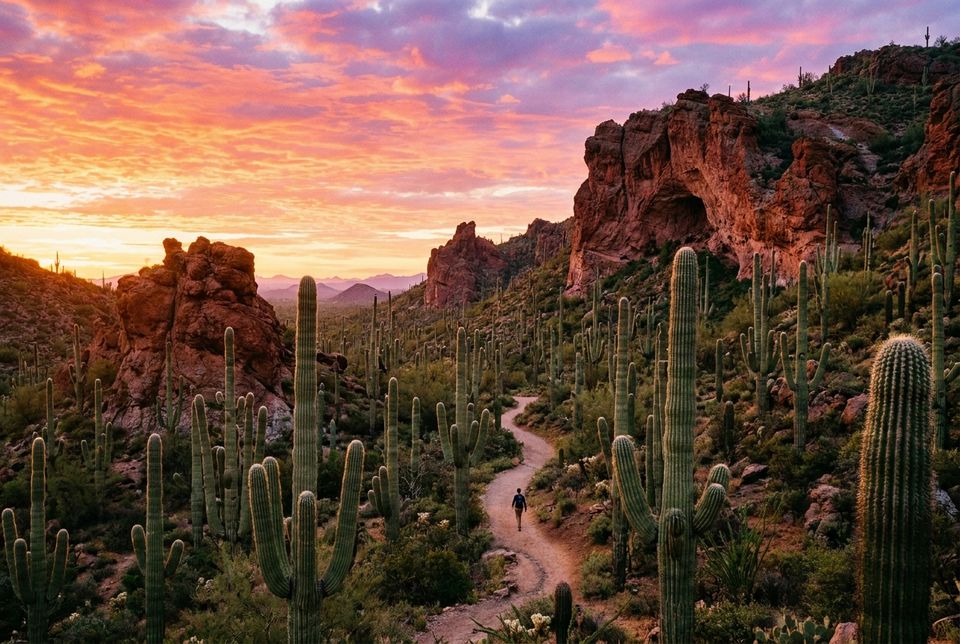 Usery Mountain Regional Park near Mesa Arizona with desert trail saguaro cacti and red rock formations at sunrise
