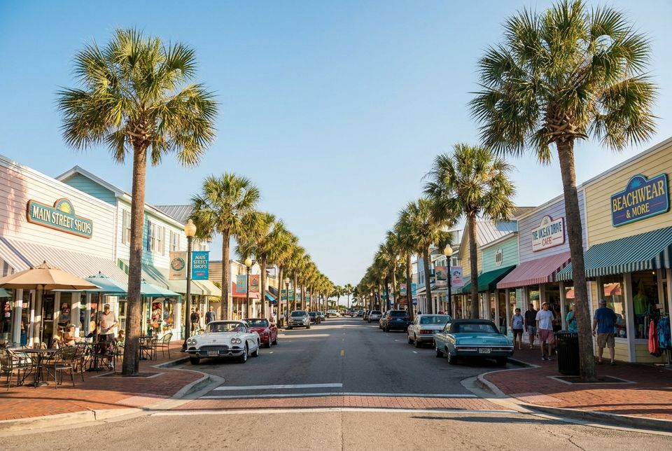 Main Street in North Myrtle Beach with shops restaurants and palm trees lining the road