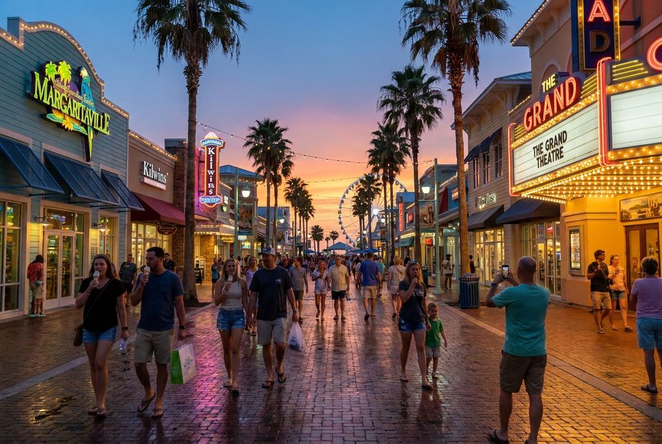 Pier Park shopping and entertainment district at Panama City Beach at sunset with colorful lights and palm trees
