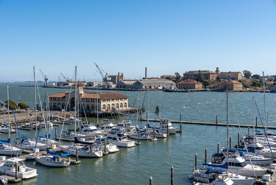 Vallejo California waterfront with Mare Island in background and boats in the marina on San Pablo Bay