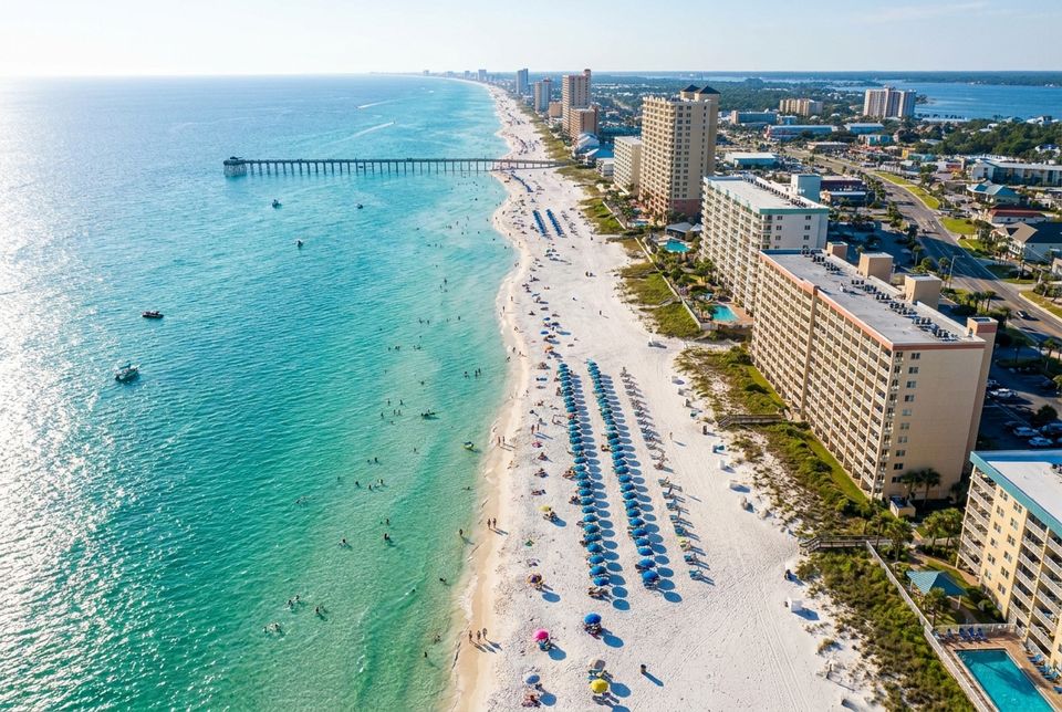 Beachfront hotels and resorts along Panama City Beach Florida coastline with white sand and turquoise water