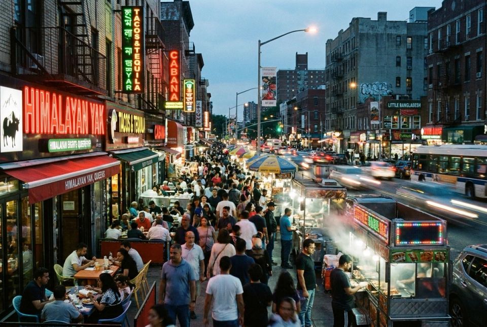 Diverse restaurant row in Jackson Heights Queens