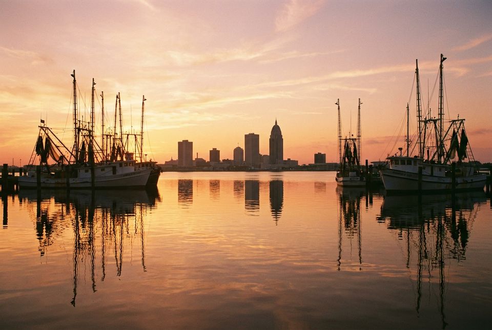Mobile Bay waterfront at sunset