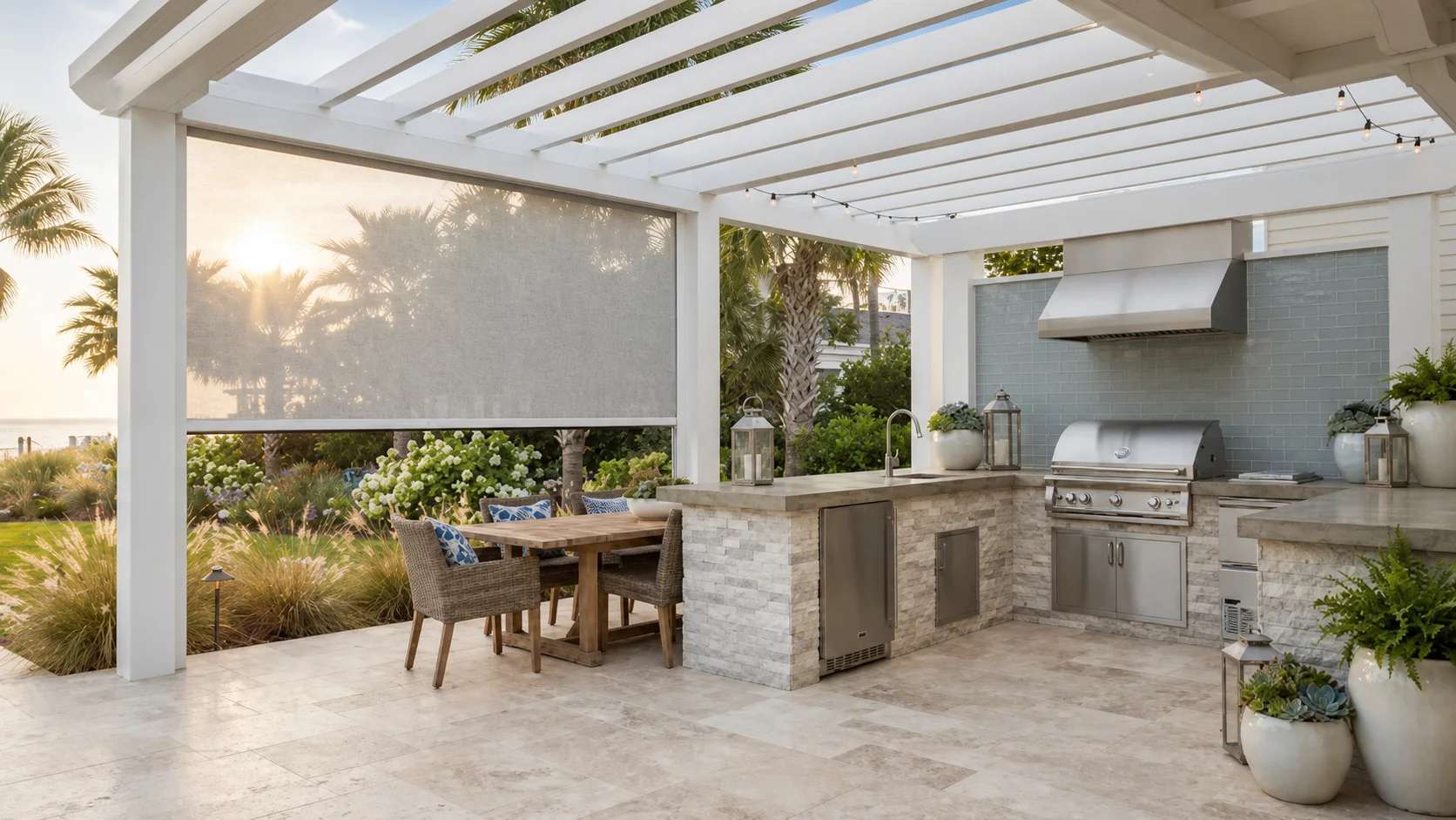 Elegant outdoor kitchen under a modern pergola with motorized screening for filtered shade.