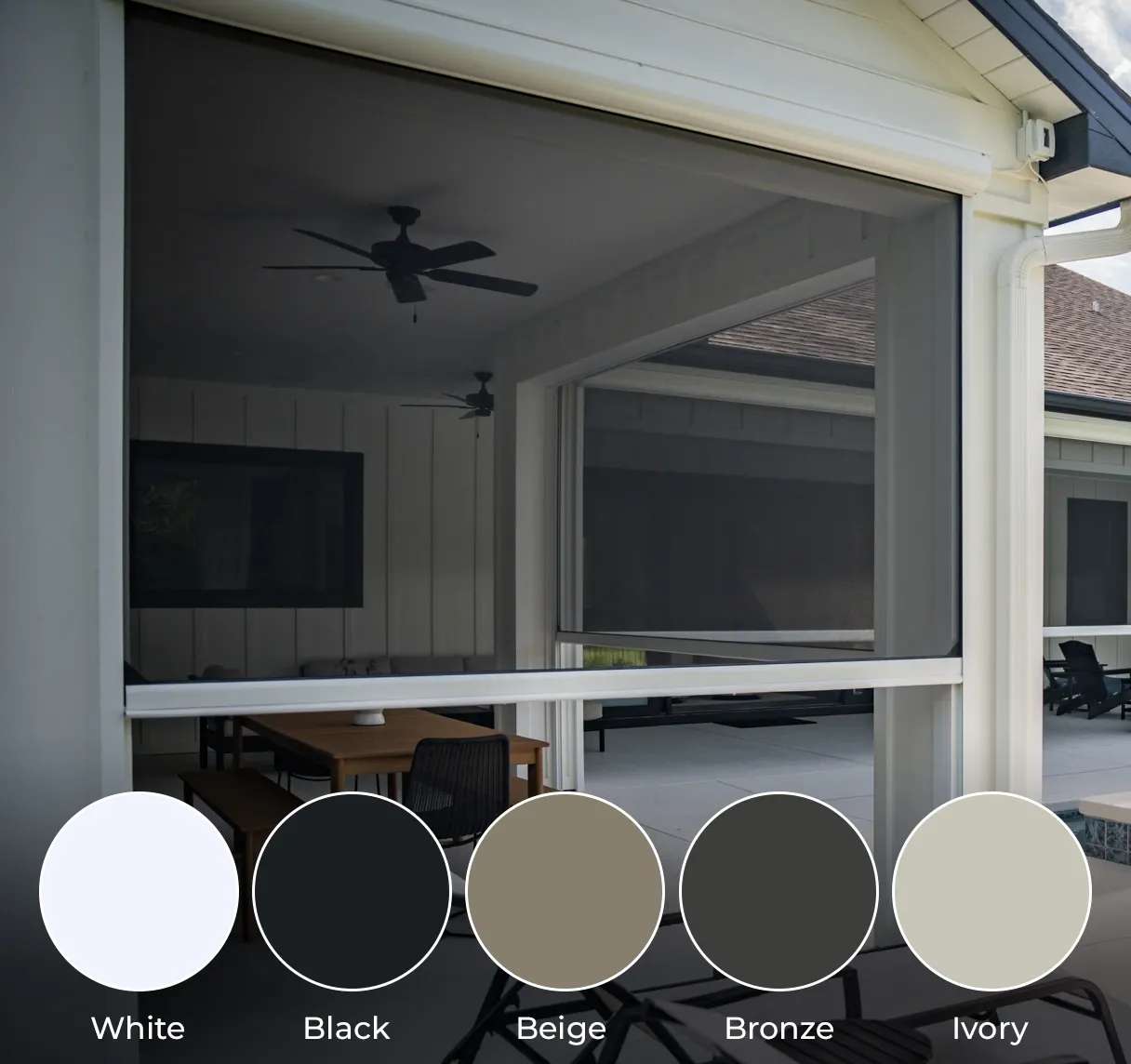 SunPro integrated cassette housing on a screened porch with the five available frame colors shown: white, black, beige, bronze, and ivory.