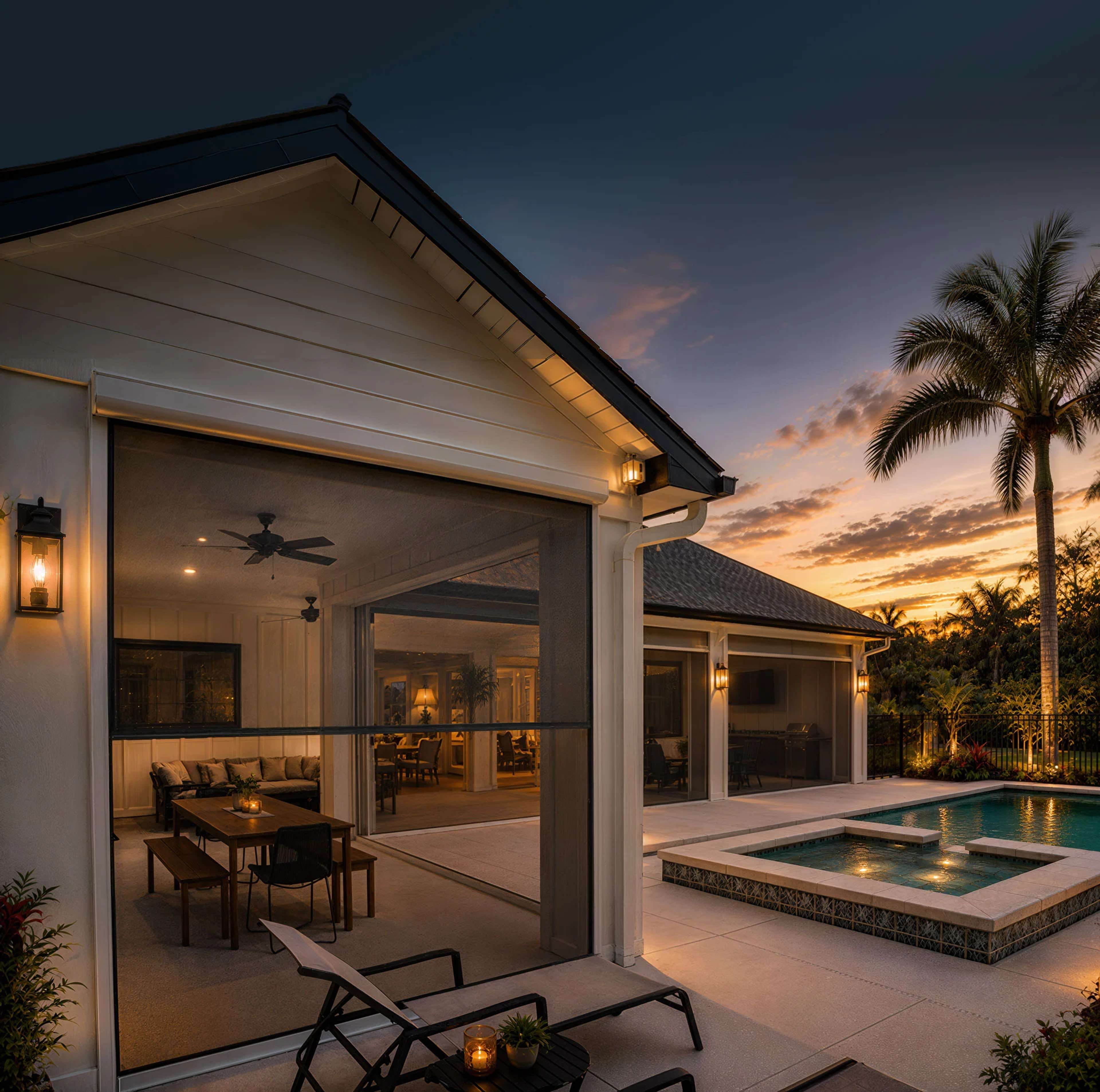 Motorized screens integrated into a poolside South Florida lanai at sunset.