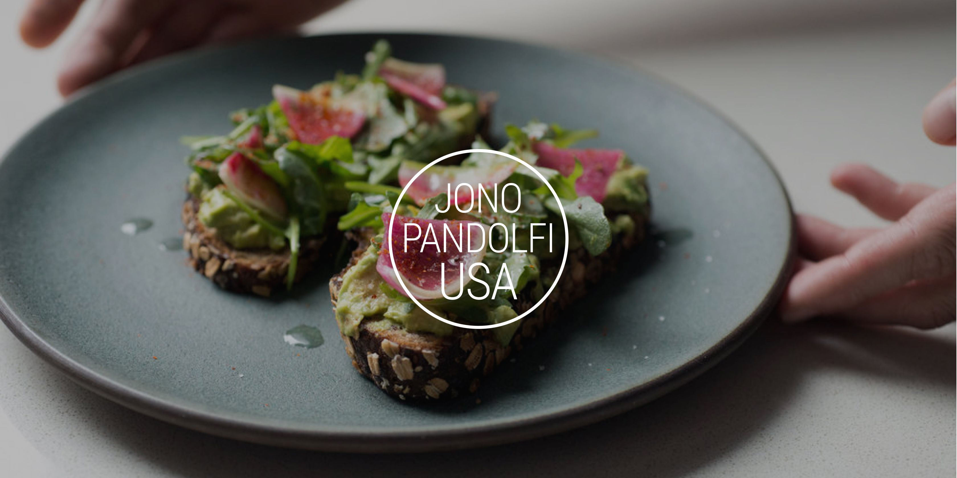 Jono Pandolfi logo overlayed on a hand and plate 