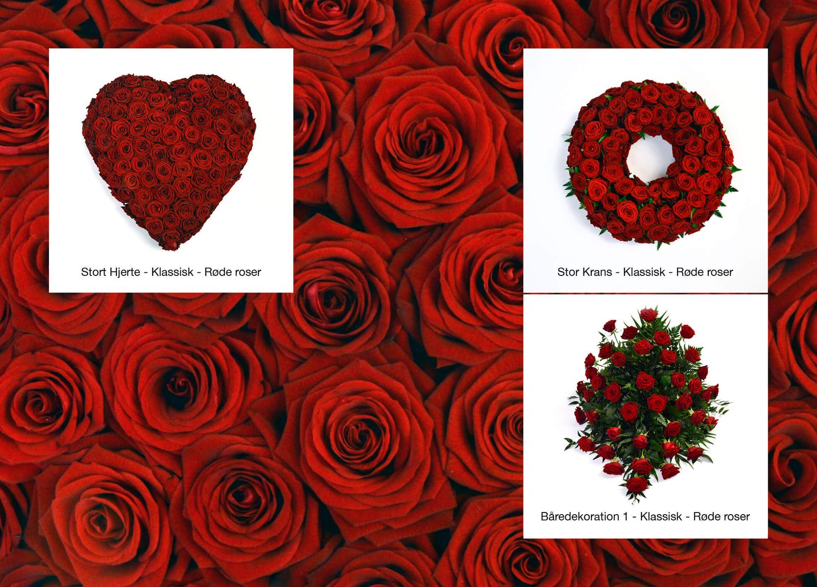 Catalog layout featuring red rose wreaths and floral funeral arrangements