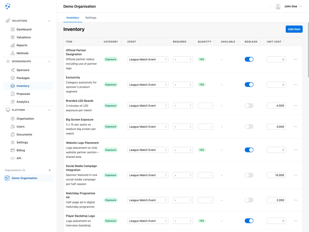 Inventory interface displaying sponsorship items, exposure categories, and measurable value metrics