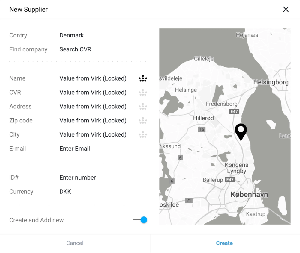 Product interface: New supplier form with auto-populated company data from CVR lookup and location mapping in Denmark
